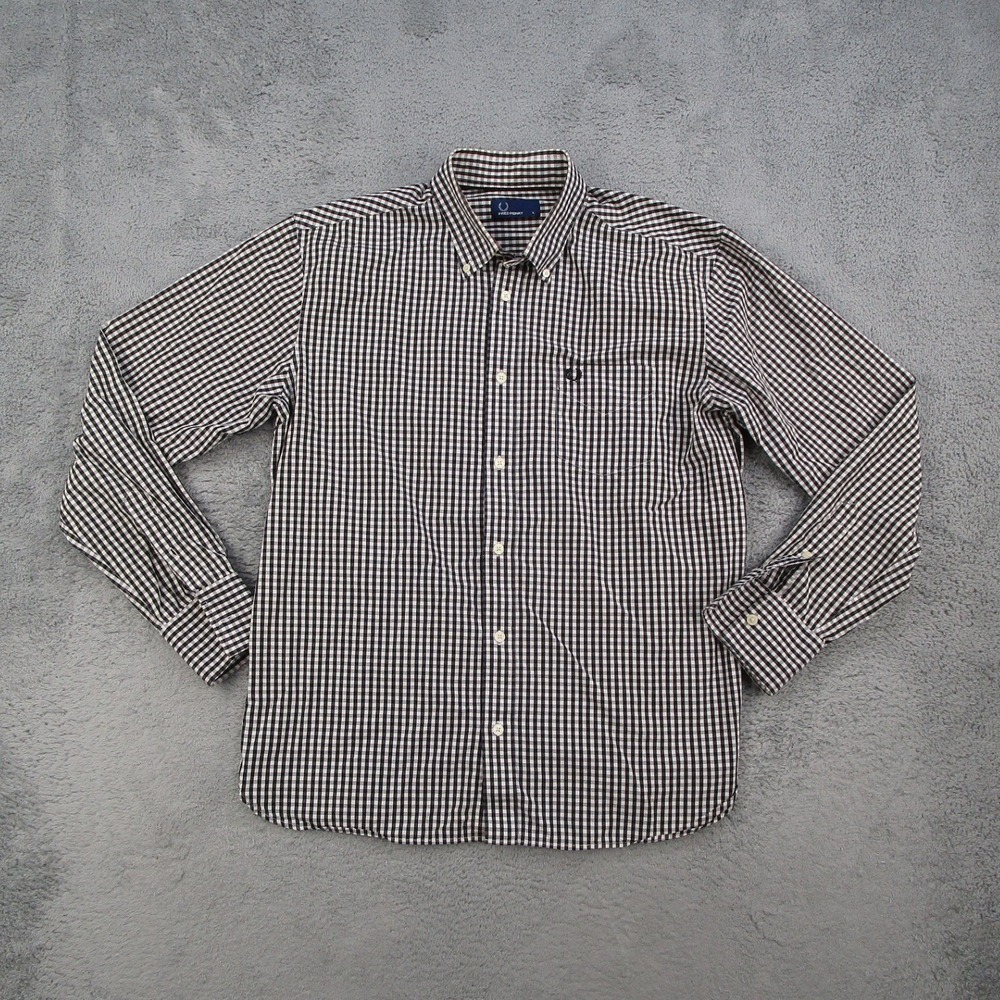 Fred Perry Mens Gingham Button Down Shirt Long Sleeve Black White Size L SM4071